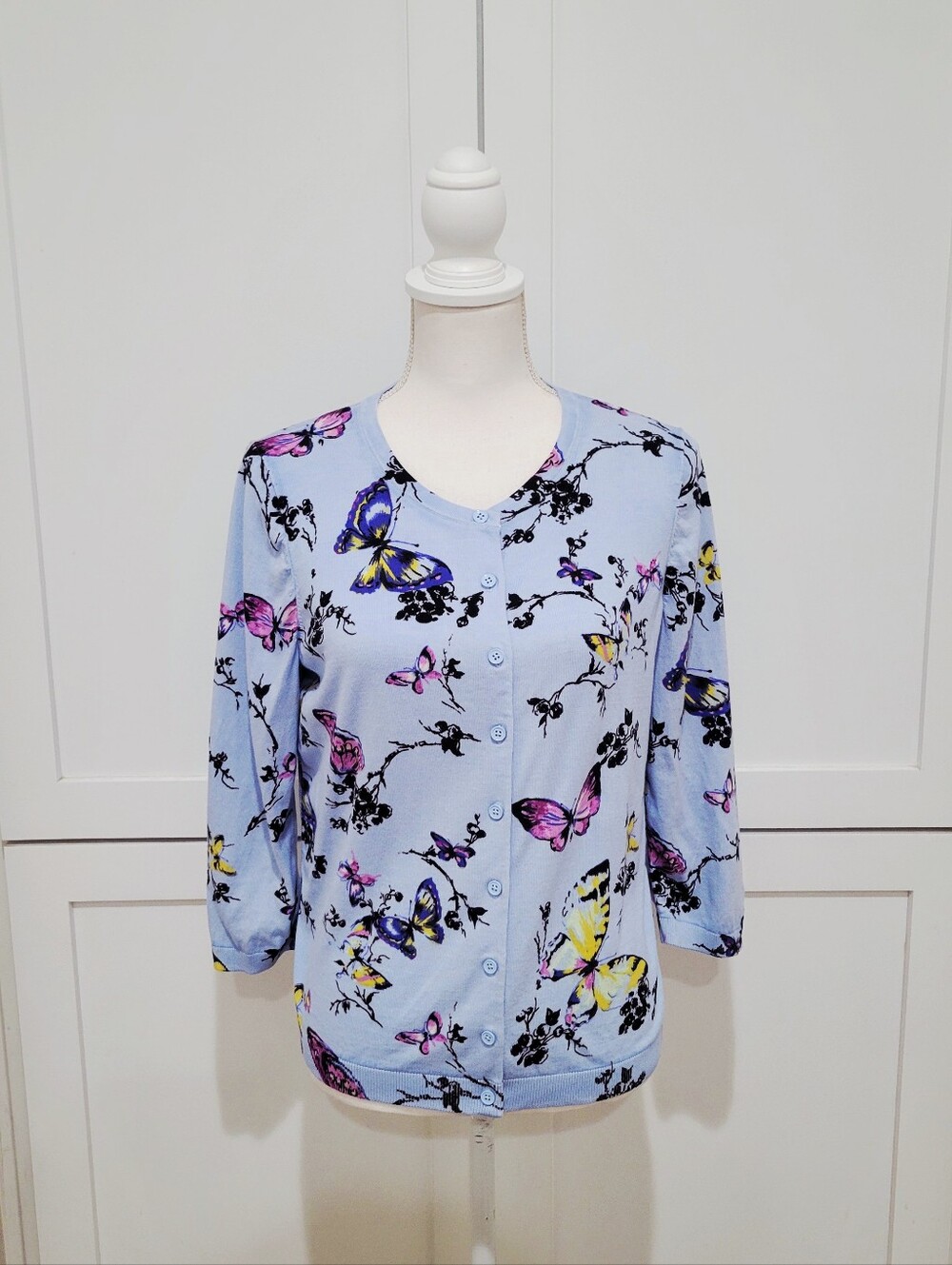 Talbots Light Blue Butterfly Print Button-Front Cardigan